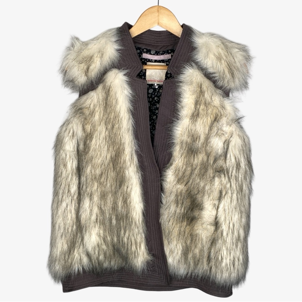 REBECCA TAYLOR Luxe Faux Fur Bohemian Vest - Gray/Cream - Size M
